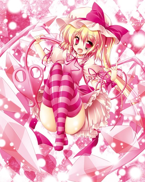 Anime picture 1000x1258 with touhou flandre scarlet kamiya tomoe single long hair tall image blush open mouth blonde hair red eyes sitting ponytail nail polish pink eyes fingernails sparkle short sleeves alternate costume no shoes puffy sleeves