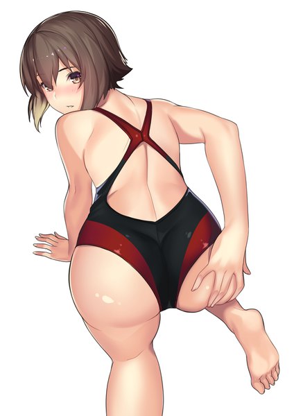 Anime picture 1265x1789 with girls und panzer nishizumi maho kagematsuri single tall image blush short hair light erotic simple background brown hair white background brown eyes ass looking back barefoot back ass grab girl swimsuit one-piece swimsuit