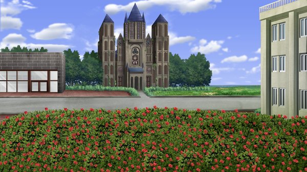 Anime picture 1024x576 with jesus 13th wide image game cg sky cloud (clouds) no people landscape flower (flowers) plant (plants) tree (trees) building (buildings) road