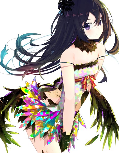 Anime picture 779x999 with original benio (dontsugel) single long hair tall image looking at viewer blush fringe black hair simple background white background brown eyes multicolored hair hair flower light smile aqua hair leaning leaning forward floating hair gradient hair