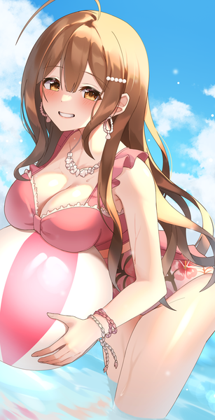 Anime picture 1972x3857 with idolmaster idolmaster shiny colors kuwayama chiyuki camellia 90 single long hair tall image looking at viewer blush fringe highres breasts light erotic smile hair between eyes brown hair large breasts standing holding brown eyes