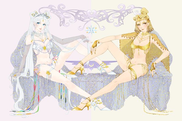 Anime picture 1500x1000 with bishoujo senshi sailor moon toei animation sailor cosmos sailor galaxia soudwrong long hair short hair blue eyes light erotic blonde hair sitting twintails multiple girls yellow eyes white hair hair bun (hair buns) high heels underwear only crescent girl