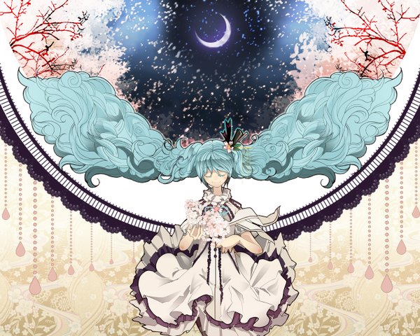 Anime picture 1280x1024 with vocaloid hatsune miku cos (artist) blue hair very long hair night cherry blossoms girl dress flower (flowers) petals moon lace