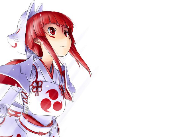 Anime picture 1024x819 with busou shinki single long hair fringe simple background red eyes white background payot upper body red hair blunt bangs looking up low ponytail mask on head warrior girl armor mask spaulder (spaulders) fox mask