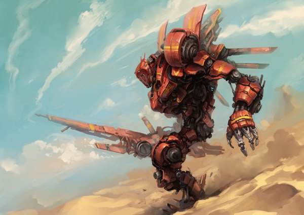 Anime picture 4961x3508 with highres absurdres sky cloud (clouds) scenic science fiction desert mecha