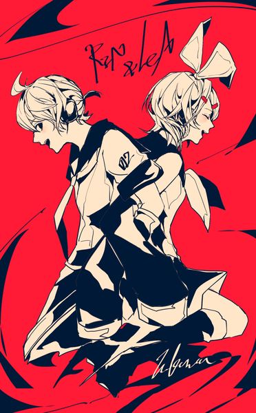 Anime picture 834x1344 with vocaloid kagamine rin kagamine len 3kuma tall image short hair simple background ahoge ponytail eyes closed profile character names monochrome red background siblings twins back to back brother and sister girl boy