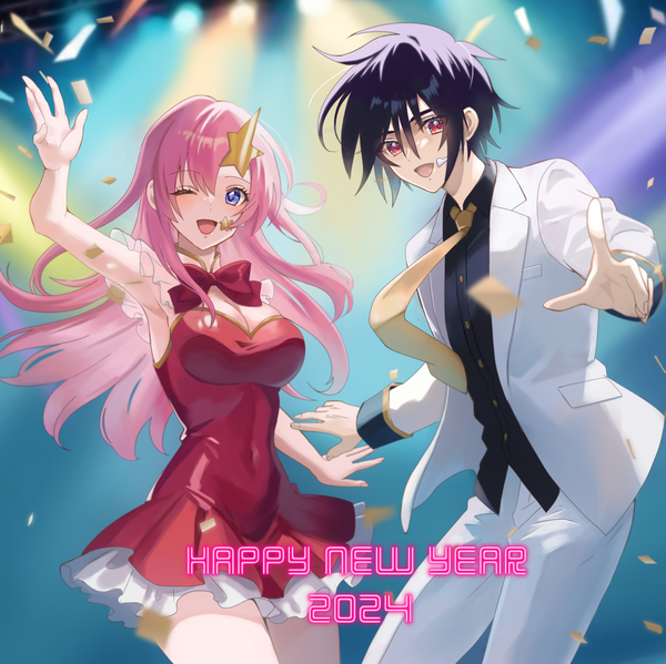 Anime picture 2220x2215 with mobile suit gundam gundam seed destiny sunrise (studio) meer campbell shinn asuka 184 (tatamiiwashi) long hair looking at viewer highres short hair breasts open mouth blue eyes black hair red eyes pink hair cleavage :d one eye closed arm up