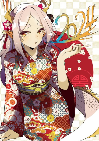Anime picture 1447x2047 with original yunekoko single long hair tall image looking at viewer yellow eyes silver hair tail traditional clothes japanese clothes horn (horns) eyebrows new year dragon girl dragon tail 2024 girl kimono obi
