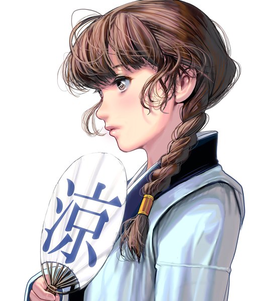 Anime picture 1070x1200 with original masao single long hair tall image fringe simple background brown hair white background holding brown eyes looking away upper body braid (braids) traditional clothes japanese clothes profile single braid portrait girl