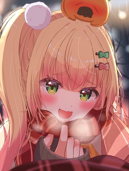 Anime picture 2039x2700 with virtual youtuber hololive momosuzu nene nekko (momosuzu nene) mimori single long hair tall image looking at viewer blush fringe highres open mouth blonde hair green eyes upper body blunt bangs long sleeves :d side ponytail