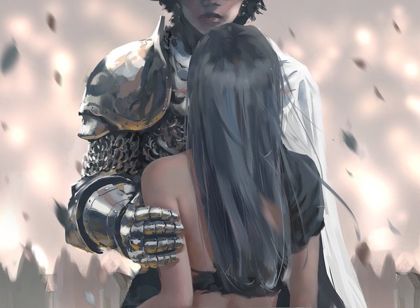 Anime picture 1024x752 with ghost blade yan (ghost blade) kain wlop long hair standing bare shoulders lips pointy ears grey hair knight girl boy petals armor cape gauntlets