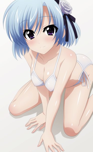 Anime picture 1803x2921 with tantei opera milky holmes henriette mystere wave ride tall image highres short hair light erotic simple background smile white background purple eyes blue hair girl swimsuit bikini white bikini