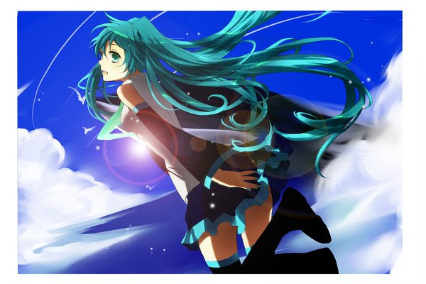 Anime picture 1500x1000 with vocaloid hatsune miku single long hair smile twintails bare shoulders cloud (clouds) nail polish aqua eyes aqua hair back happy girl animal boots bird (birds) thigh boots sun