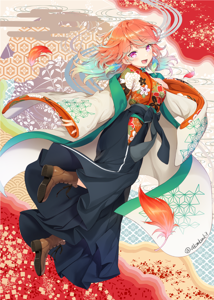 Anime picture 1000x1399 with virtual youtuber hololive hololive english takanashi kiara akamoku single long hair tall image blush open mouth purple eyes signed full body traditional clothes :d japanese clothes multicolored hair orange hair two-tone hair twitter username