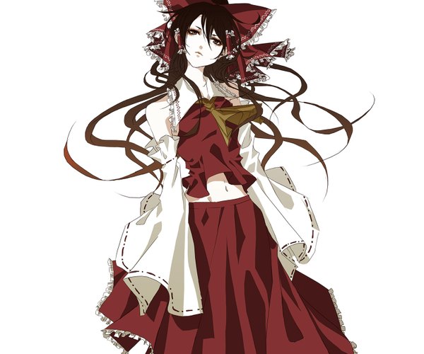Anime picture 1500x1250 with touhou hakurei reimu rasshel single long hair fringe simple background brown hair white background traditional clothes pale skin eyeshadow girl skirt navel bow hair bow detached sleeves skirt set large bow