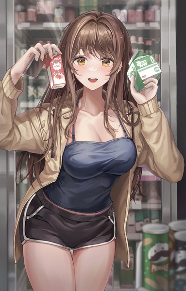 Anime picture 3082x4834 with original pringles julius pringles illust sucong single long hair tall image looking at viewer fringe highres breasts open mouth hair between eyes brown hair large breasts standing holding yellow eyes absurdres cleavage