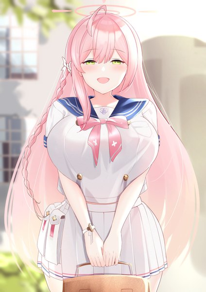 Anime picture 2896x4096 with blue archive hanako (blue archive) perfellcsaiko single long hair tall image looking at viewer blush fringe highres breasts open mouth light erotic smile hair between eyes standing holding green eyes payot pink hair
