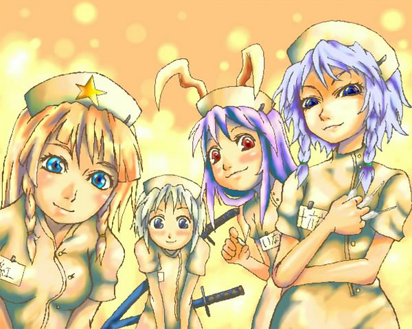 Anime picture 1280x1024 with touhou izayoi sakuya konpaku youmu reisen udongein inaba hong meiling bunny ears bunny girl nurse girl