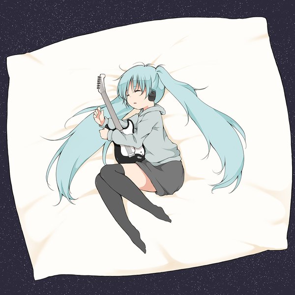 Anime picture 1200x1200 with vocaloid hatsune miku nanana (chicken union) single long hair twintails lying eyes closed long sleeves parted lips aqua hair no shoes on side sleeping girl thighhighs skirt black thighhighs headphones pillow