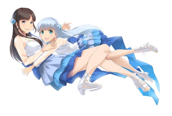 Anime picture 1200x811 with aoki hagane no arpeggio real life iona yamamura hibiku (seiyuu) mikel (4hands) long hair looking at viewer blue eyes black hair simple background smile white background multiple girls blue hair girl dress hair ornament 2 girls