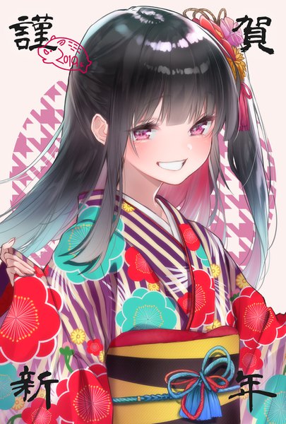 Anime picture 901x1334 with original rinku (rin9) single long hair tall image looking at viewer blush black hair smile upper body traditional clothes japanese clothes pink eyes one side up new year 2019 girl hair ornament kimono obi