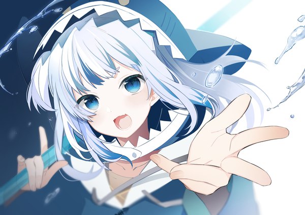 Anime picture 1754x1240 with virtual youtuber hololive hololive english gawr gura gawr gura (1st costume) uehara (dormmmmir ) single long hair looking at viewer fringe highres open mouth blue eyes silver hair upper body :d multicolored hair streaked hair girl water