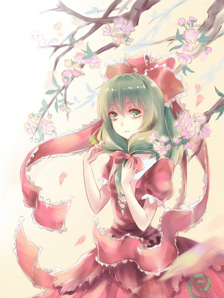 Anime picture 1000x1333 with touhou kagiyama hina a luo single long hair tall image green eyes green hair cherry blossoms butterfly on hand girl dress flower (flowers) bow hair bow petals insect butterfly
