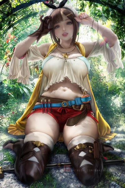 Anime picture 2333x3500 with atelier (series) atelier ryza gust (company) reisalin stout sakimichan single tall image looking at viewer blush fringe highres short hair breasts open mouth light erotic brown hair large breasts sitting brown eyes payot