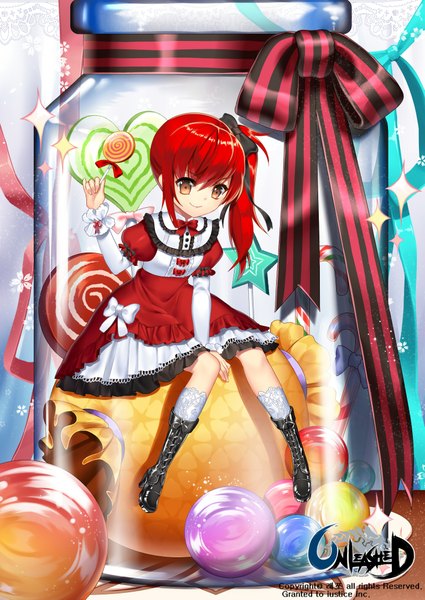 Anime picture 1535x2165 with unleashed black joa single long hair tall image red eyes ponytail red hair side ponytail girl dress bow ribbon (ribbons) hair bow socks food boots sweets white socks candy