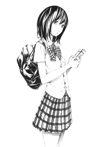 Anime picture 900x1243 with original sousou (sousouworks) single tall image fringe short hair black hair simple background standing white background holding black eyes monochrome plaid skirt looking up plaid girl skirt uniform bow