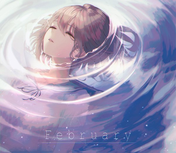 Anime picture 2299x2000 with original orecalc3092 single fringe highres short hair hair between eyes brown hair eyes closed parted lips inscription partially submerged ripples afloat girl uniform water serafuku