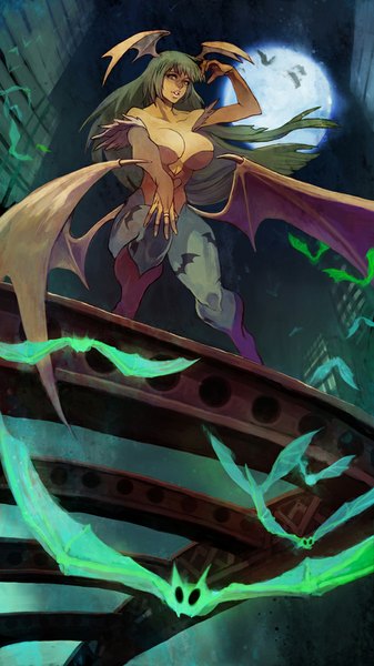 Anime picture 600x1068 with vampire / darkstalkers (game) capcom morrigan aensland lack single long hair tall image looking at viewer breasts light erotic large breasts bare shoulders cleavage green hair demon girl head wings succubus girl animal wings