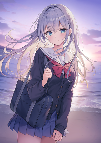 Anime picture 1414x2000 with original kuro futoshi single long hair tall image looking at viewer fringe blue eyes smile hair between eyes silver hair outdoors head tilt pleated skirt beach evening sunset girl skirt uniform
