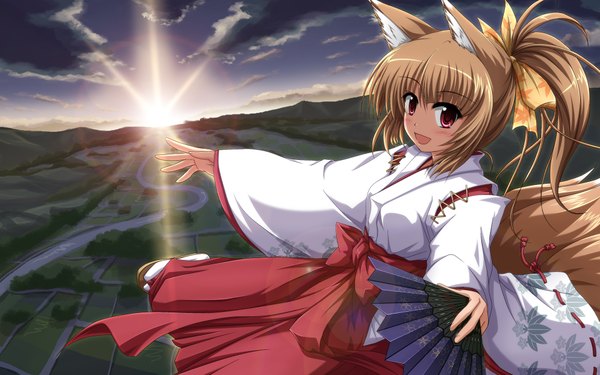 Anime picture 1920x1200 with original shira-nyoro single long hair blush highres open mouth smile brown hair wide image sky cloud (clouds) ponytail pink eyes fox ears chinese clothes miko landscape river morning