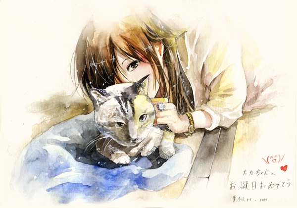 Anime picture 3509x2460 with original kandasama single long hair looking at viewer fringe highres brown hair brown eyes absurdres lying hair over one eye twisty sleeves girl animal cat ring