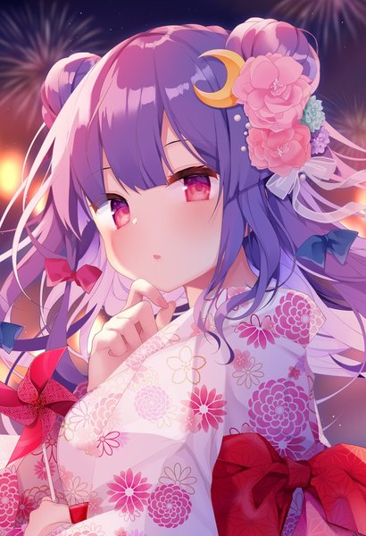 Anime picture 1120x1638 with touhou patchouli knowledge shiika yuno single long hair tall image looking at viewer fringe red eyes purple hair blunt bangs traditional clothes parted lips japanese clothes looking back hair bun (hair buns) floral print crescent fireworks girl
