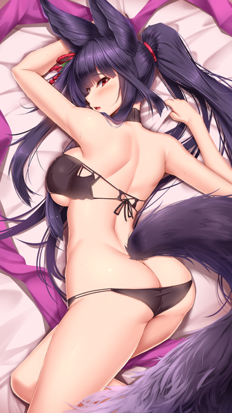 Anime picture 810x1440 with granblue fantasy yuel (granblue fantasy) shuugetsu karasu single tall image looking at viewer blush fringe breasts open mouth light erotic red eyes large breasts animal ears purple hair bent knee (knees) ass ponytail tail lying