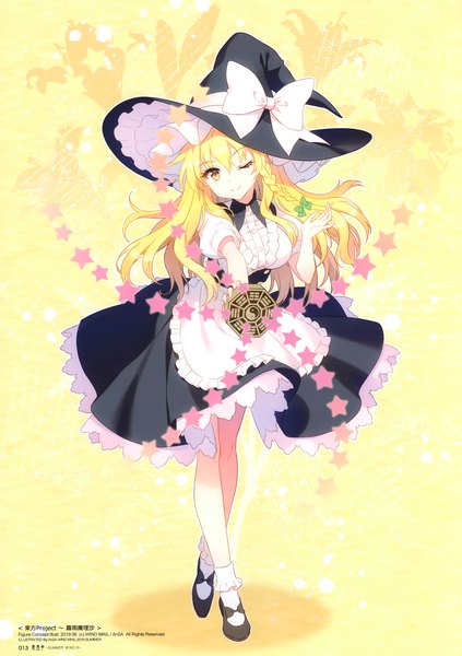 Anime picture 2413x3426 with touhou kirisame marisa an2a single long hair tall image looking at viewer fringe highres blonde hair smile hair between eyes standing full body braid (braids) one eye closed wink scan copyright name side braid