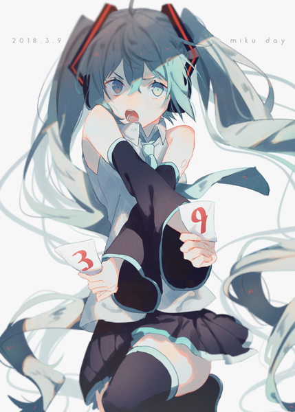 Anime picture 777x1087 with vocaloid hatsune miku nakaba (mode) single long hair tall image looking at viewer blush fringe open mouth simple background hair between eyes white background twintails bare shoulders holding bent knee (knees) pleated skirt aqua eyes aqua hair