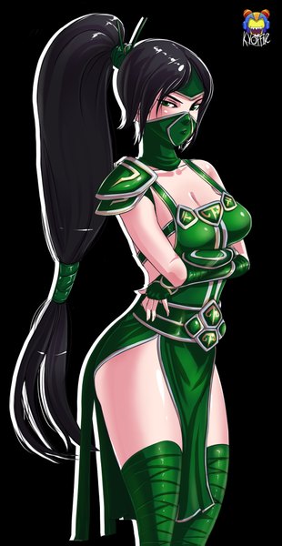 Anime picture 1009x1951 with league of legends akali (league of legends) kyoffie12 single long hair tall image looking at viewer blush black hair simple background green eyes ponytail black background girl mask ninja