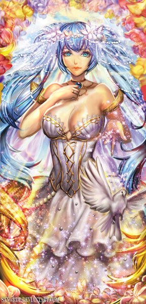 Anime picture 874x1819 with league of legends sona buvelle sangrde long hair tall image fringe breasts blue eyes light erotic smile large breasts standing twintails bare shoulders blue hair hair flower outstretched arm floral print lacing shiny