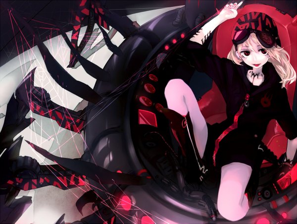 Anime picture 1300x981 with original teyuruun single long hair blonde hair sitting looking away black eyes tattoo mechanical girl tongue thigh boots cap goggles zipper spider web
