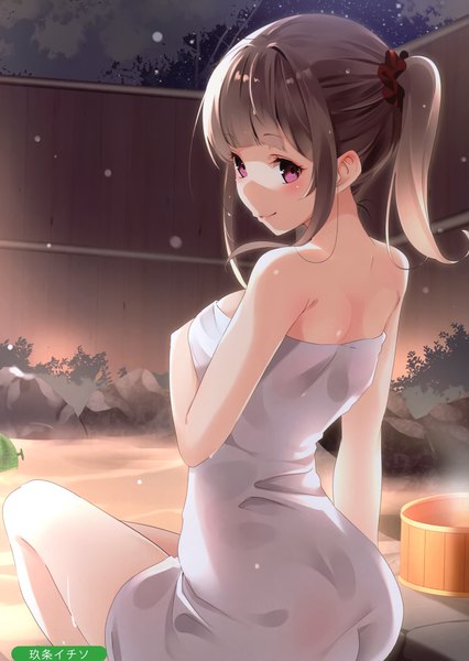 Anime-Bild 2096x2954 mit melonbooks kisaichi jin single long hair tall image looking at viewer blush fringe highres breasts light erotic smile brown hair sitting bare shoulders signed payot outdoors ponytail blunt bangs