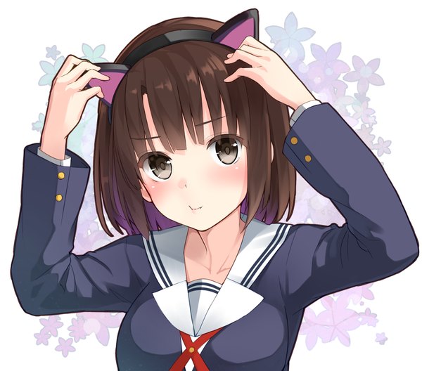 Anime picture 1782x1570 with saenai heroine no sodatekata a-1 pictures pixiv katou megumi musk tiger single looking at viewer blush fringe highres short hair breasts large breasts white background brown eyes animal ears long sleeves cat ears arms up adjusting hair