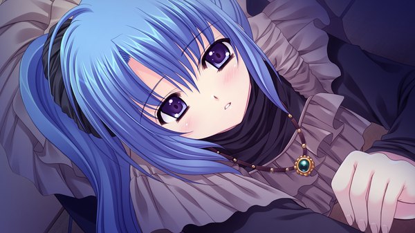 Аниме картинка 1280x720 с world wide love! (game) munemoto tsubakiko длинные волосы румянец широкое изображение фиолетовые глаза синие волосы game cg причёска конский хвост девушка