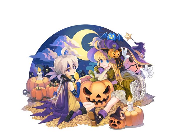 Anime picture 1024x768 with children of the rune long hair blue eyes blonde hair smile purple eyes multiple girls silver hair cloud (clouds) ahoge braid (braids) halloween crescent girl 2 girls boots star (symbol) star (stars) candy lollipop
