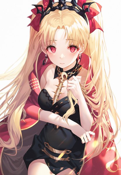 Anime picture 1500x2164 with fate (series) fate/grand order ereshkigal (fate) kinty single long hair tall image looking at viewer blush fringe breasts light erotic simple background blonde hair red eyes white background sitting two side up spine girl