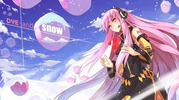 Anime picture 1920x1080 with vocaloid dye (vocaloid) megurine luka x-boy single long hair highres wide image pink hair pink eyes snowing winter snow mountain perspective girl dress detached sleeves headphones