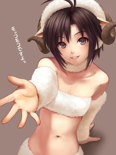 Anime picture 683x911 with idolmaster kikuchi makoto nekopuchi single tall image looking at viewer short hair black hair simple background bare shoulders animal ears ahoge bare belly grey eyes outstretched arm new year brown background happy new year girl navel