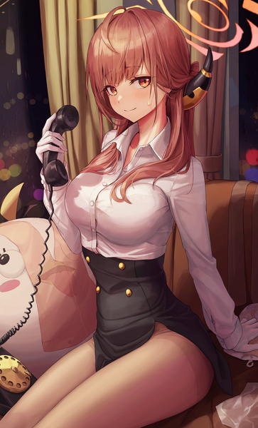 Anime picture 1540x2543 with blue archive aru (blue archive) hamstarhand single long hair tall image looking at viewer fringe breasts light erotic red eyes large breasts sitting holding ahoge red hair indoors blunt bangs long sleeves horn (horns)
